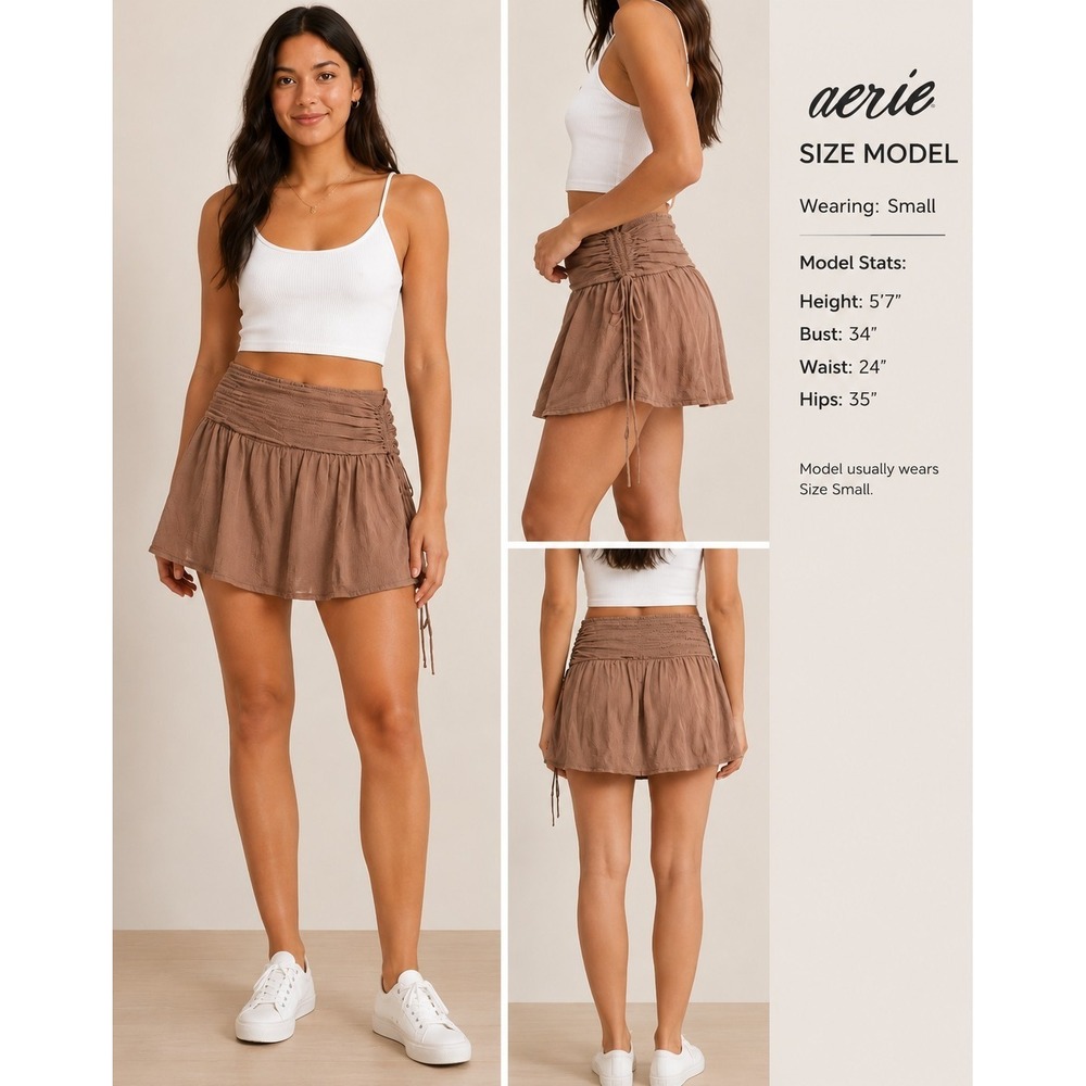 Aerie‎ Uptown Smocked Mini Skirt Small Brown Ruched Boho Flowy Festival Beach